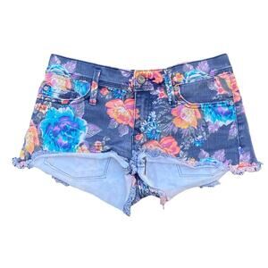 Roxy Blue Floral Print Jean Shorts Low Rise Raw Frayed Hem Size 0/24